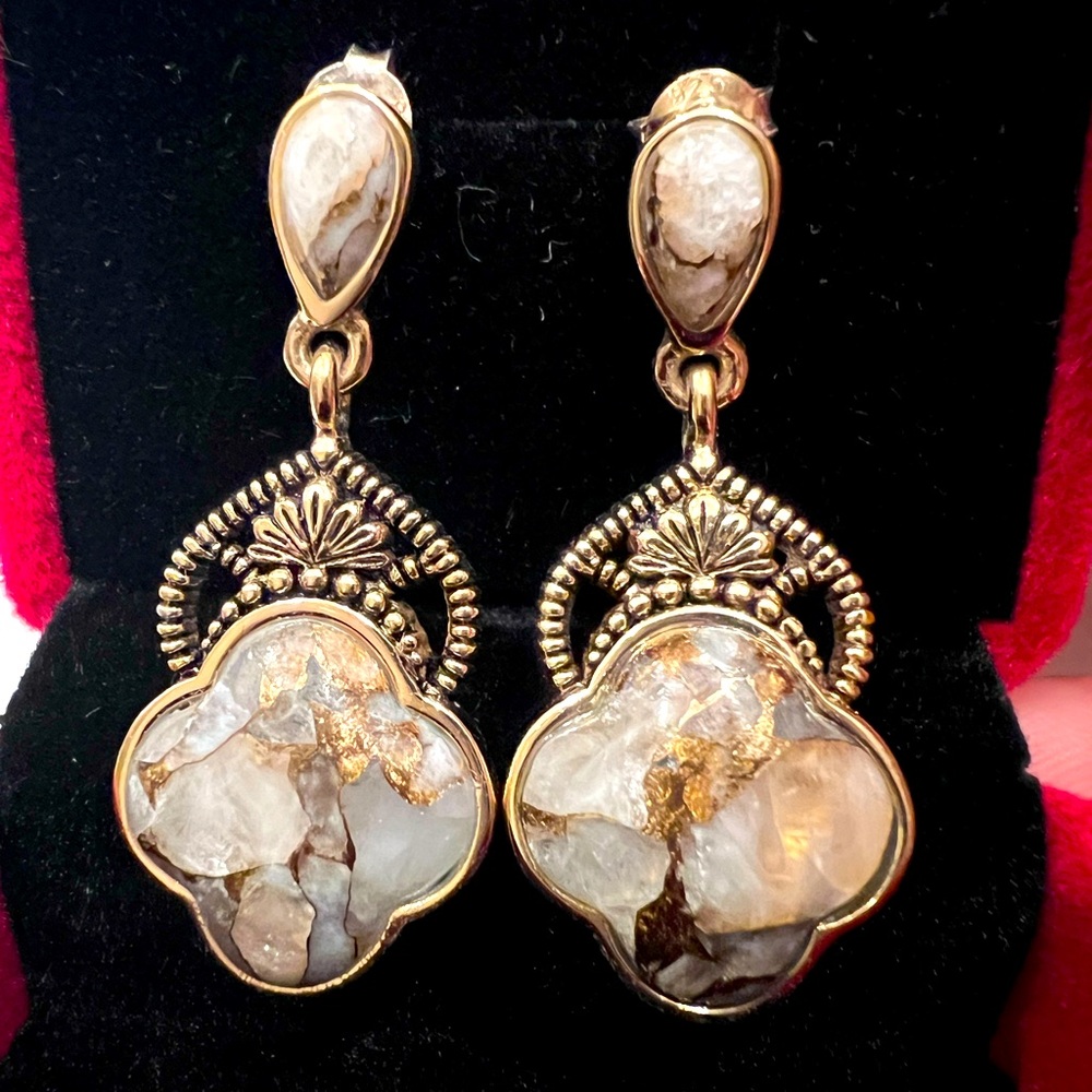Barse 925 Vermeil Calcite Drop Earrings Quatrefoil Shape, Regal Detailing GLAM